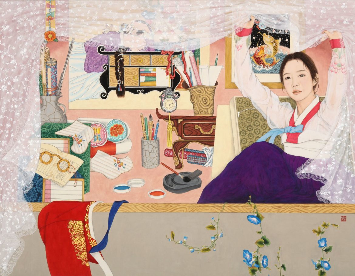 Minhwa Cœur de femme 6 - Trésor 2018, Pigment orientale et poudre de perle sur papier coréen, 91 x 116,8 cm